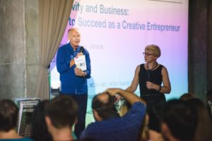 Marketing expert David Parrish delivering a training workshop on strategic marketing advice for creative entrepreneurs in Ukraine