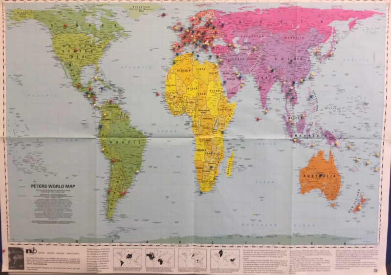 World map with pins